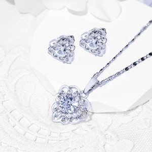 Elegant silver heart necklace and earrings jewelry set with sparkling cubic zirconia