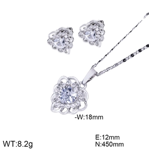 Detailed view of silver heart jewelry set with necklace and zircon earrings