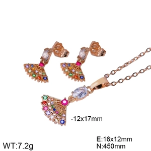 Detail showing colorful zircon fan-shaped pendant necklace and stud earrings jewelry set