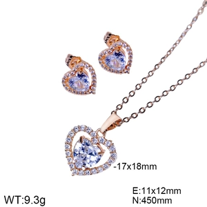 Rose gold heart pendant necklace and stud earrings set with sparkling zircon stones