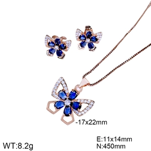 Detailed dimensions of rose gold butterfly necklace and earrings set with blue zircons