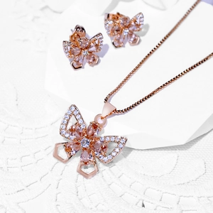 Fashion butterfly jewelry set with rose gold zircon necklace and matching stud earrings