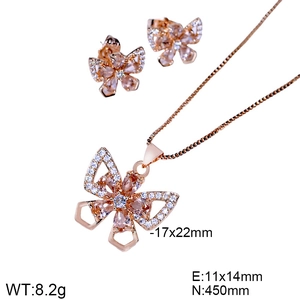 Detailed dimensions of rose gold butterfly necklace and earrings set with zircons