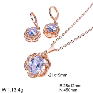 Rose gold jewelry set with light blue oval stones, necklace and earrings dimensions shown