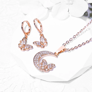 Rose gold moon and butterfly jewelry set with zircon necklace and hoop earrings