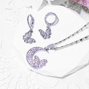 Sparkling silver moon and butterfly jewelry set with zircon necklace and hoop earrings