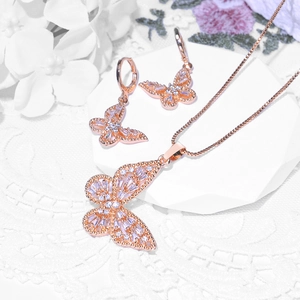 Elegant butterfly jewelry set with rose gold necklace and cubic zirconia earrings