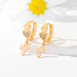 Chic gold-plated hoop earrings with sparkling zircon hearts and a cross drop pendant