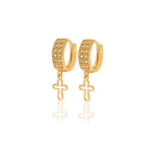 Fashion gold plated hoop earrings with zircon cross pendant and polished finish