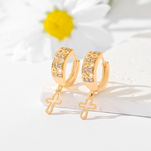 Gold-plated hoop earrings with cubic zirconia, infinity pattern, and cross charms