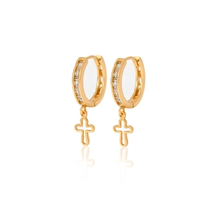 Exquisite 18K vergoldete Kupfer-Creolen mit Zirkon-Kreuzanhängern für Damen im Set