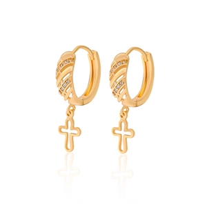 Gold plated cross hoop earrings with white zircon stones on a white reflective background