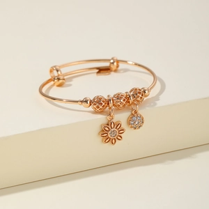 Pulsera dorada ajustable para bebé con colgante de girasol y cuentas de flores