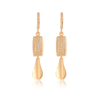 Macro detail of rose gold water drop earrings featuring sparkling white zircon accents
