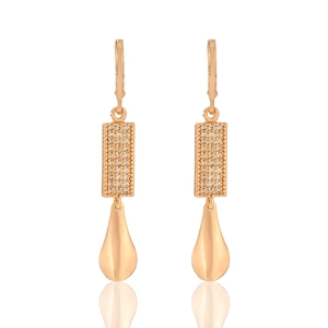 Detail of rose gold teardrop earrings with shimmering pavé crystal rectangle links