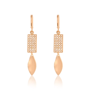 Detail of rose gold plated earrings featuring leaf charms and zircon rectangular panels