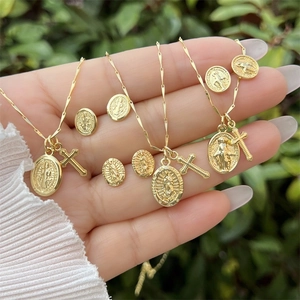 18K Gold Plated Copper Religious Virgin Mary Cross Necklace Earrings Set Vintage Catholic Guadalupe Pendant Jewelry For Women