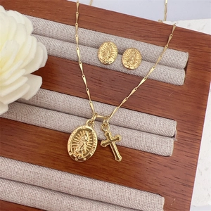 18K gold plated necklace and earrings set with Virgin Mary and cross pendants