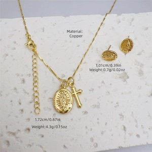 Classic 18K gold plated copper cross necklace set with Virgin Mary medal and stud earrings