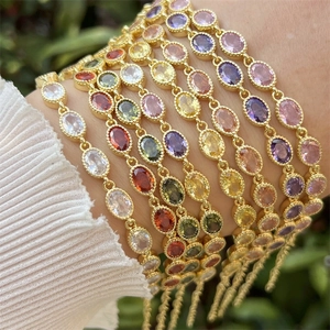 Luxury 18K Gold Plated Copper Oval Cubic Zirconia Bracelet For Women Retro Multi Color Gemstone Link Chain Adjustable Jewelry