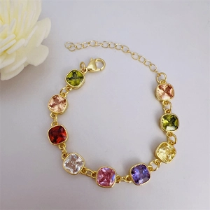 18k gold plated bracelet with multi-colored square zircons and adjustable lobster clasp