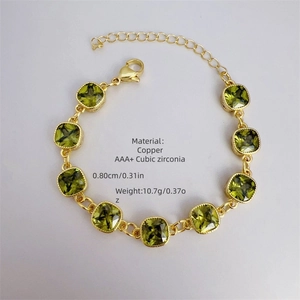 Adjustable 18k gold plated copper bracelet with square olive green cubic zirconia stones