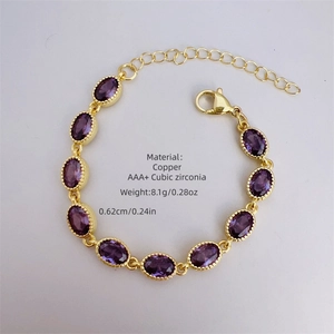 Adjustable 18k gold plated copper bracelet with ten purple AAA+ cubic zirconia stones