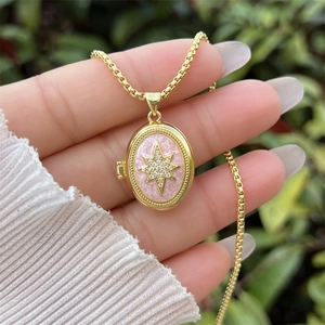 Handbediende 18K vergulde ovale medaillon ketting met roze ster hanger sieraad