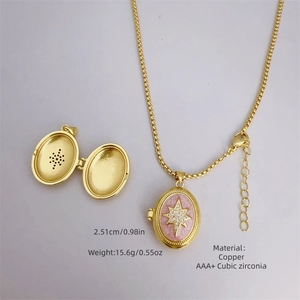 18K vergulde ovale medaillon ketting met roze emaille en ster van zirkonia