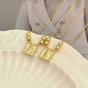 Handmade 18K gold plated copper necklace with Virgin Mary pendants and gold beads