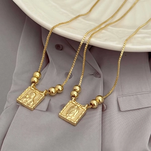 18K gold plated copper Virgin Mary coin necklace with beads on a classic box chain