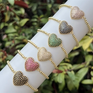 Pulsera de Corazón de Cobre Chapado en Oro de 18K para Mujer con Pavé de Zirconia Cadena de Cuentas Ajustable