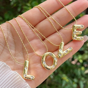 18K Gold Plated Copper Puffy Initial Necklace Zirconia Inlaid A-Z Bubble Letter Pendant Jewelry For Women Simple Gift