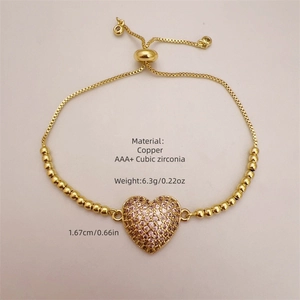 Pulsera ajustable de cuentas bañada en oro 18k con colgante de corazón de circonita rosa