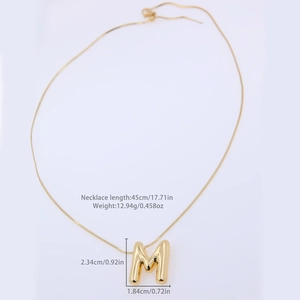 18K gold plated necklace with high-polish balloon letter M pendant and sizing details