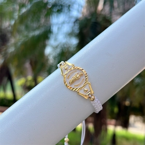 Handmade woven 18K gold plated bracelet with religious Virgin Mary charm on white cord