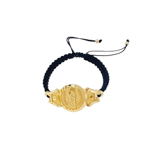 Adjustable black woven bracelet with 18K gold-plated Virgin Mary oval religious pendant