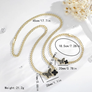 Elegant 14K gold plated butterfly and clover jewelry set with black zircon stones