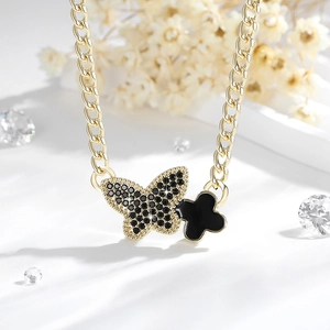 Elegant 14K gold plated necklace set with black butterfly pendant and clover jewelry