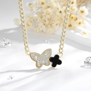 14K gold plated necklace set with zircon butterfly and black clover pendants