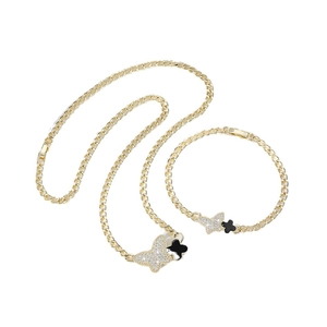 14K gold plated jewelry set featuring butterfly and black clover pendant necklace and bracelet