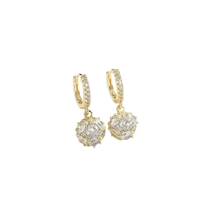 Fashionable gold plated hoop earrings with shimmering cubic zirconia disco ball charms