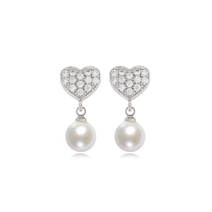 Elegant gold-plated heart earrings with sparkling cubic zirconia and white pearls