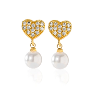 Golden heart-shaped stud earrings with sparkling pavé zircon and elegant round pearls