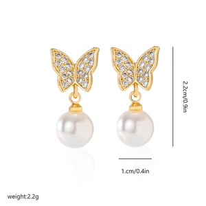 Detailed dimensions of butterfly earrings with pearls and cubic zirconia stones