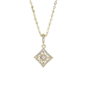 Collier losange plaqué or 14K scintillant avec pendentif à motif floral en zircon