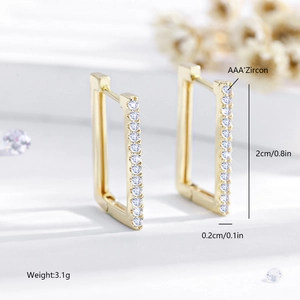 Elegant 14K gold plated rectangular hoop earrings with AAA cubic zirconia inlays