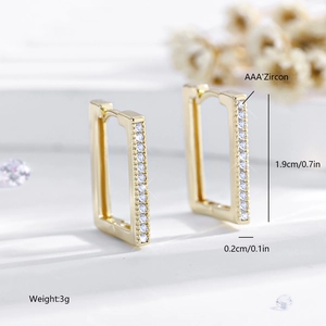 Macro view of gold-plated rectangular hoop earrings with AAA zircon inlay and measurements