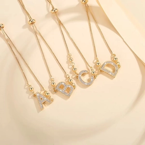 Fashion Gold Plated Copper Alphabet Letter Pendant Bracelet Adjustable Slide Clasp Zirconia Inlaid Jewelry Gift For Women