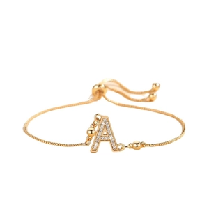 Adjustable gold plated chain bracelet featuring a zircon-studded letter A pendant charm